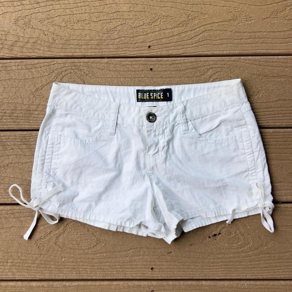 Vintage Y2K Blue Spice White Cotton Low Rise Mini Booty Shorts w/ Ties Size 1